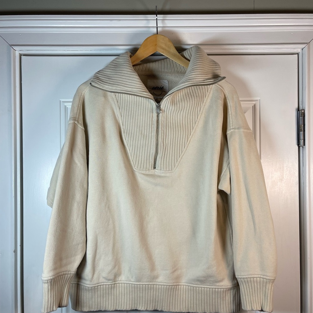 Aerie Oversized Beige Quarter Zip Women’s Size Small - Picture 3 of 7